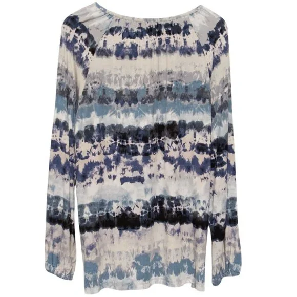 BELLE Kim Gravel Peasant Top Medium Womens Stretch Blue Gray Tie Dye Tassels - Picture 4 of 6